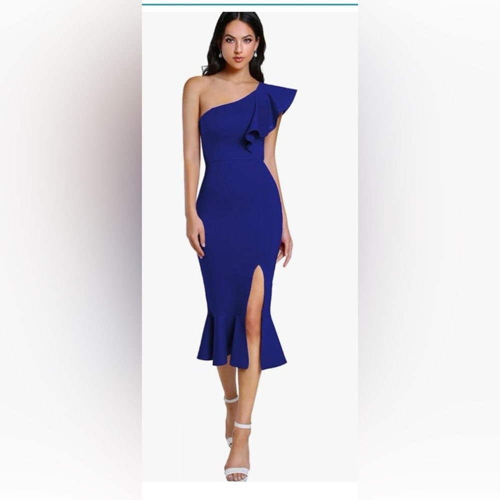Floerns Women’s Ruffle One Shoulder Split Midi Party Bodycon Dress Blue